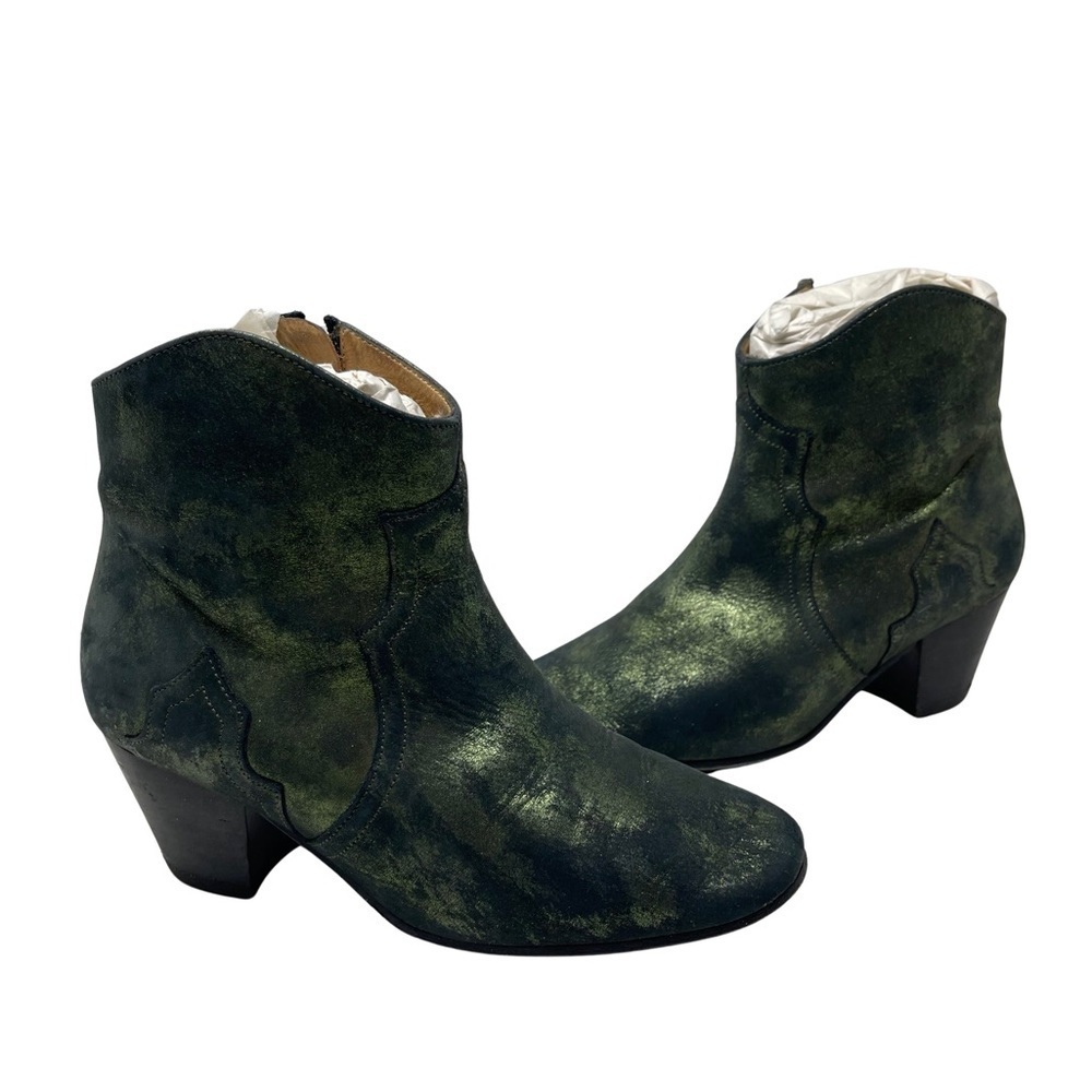 $690 Isabel Marant Green Metallic Dicker Western Ankle Booties Boots Size 35
